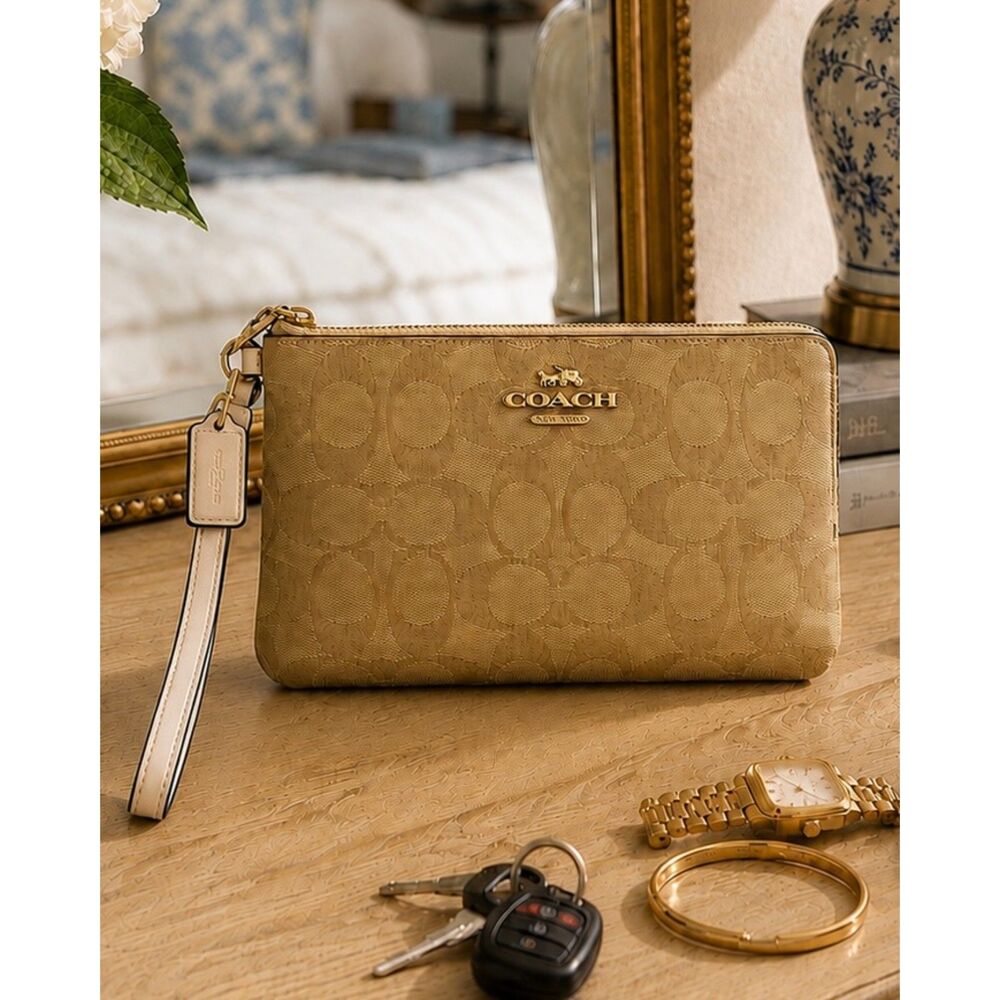 Coach Signature C Khaki Ivory Corner Zip Wristlet Canvas Leather EUC